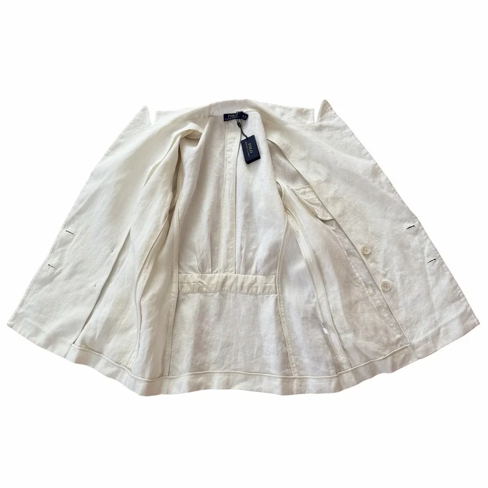 POLO Ralph Lauren Women Double Breasted Linen Blazer Size 6 White Coastal Preppy